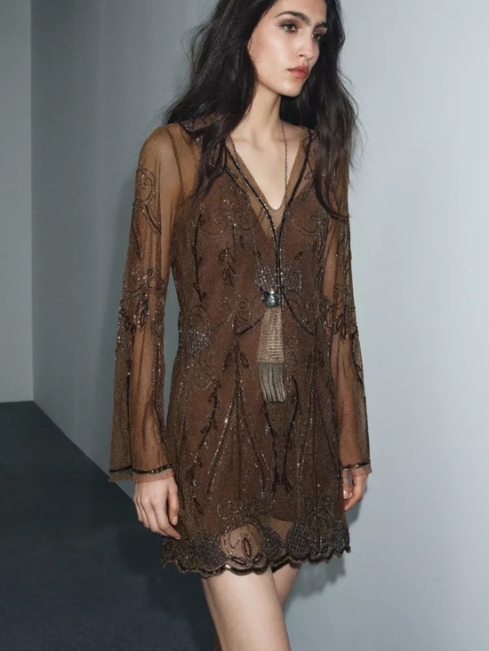 Zara Dresses & Skirts - Zara Brown Sheer Beaded V-Neck Mini Dress